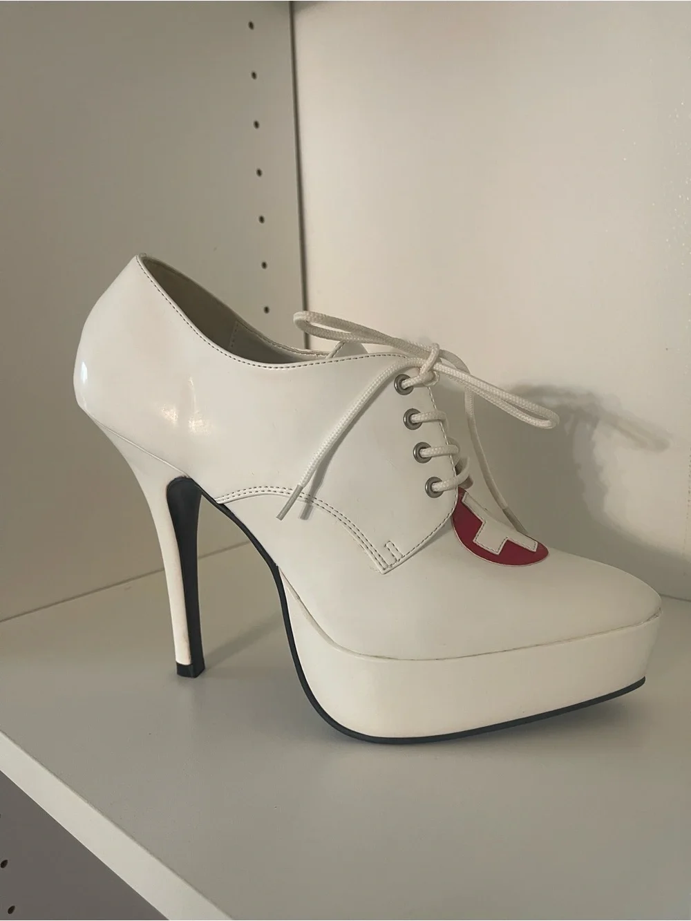Pleaser White Platform Lace-Up Shoes with Red Cross Detail